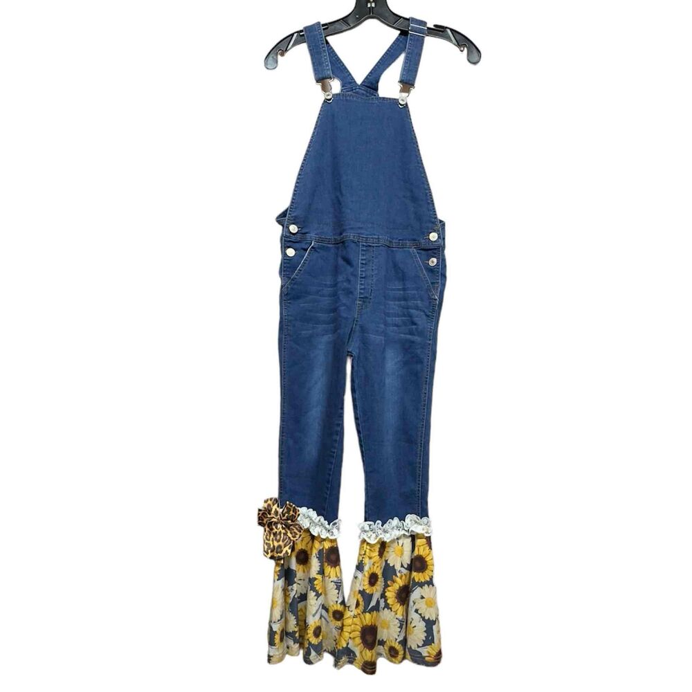 Western Girls Size 14-16TSunflower Print Denim Overalls Fall Floral Bell Bottoms
